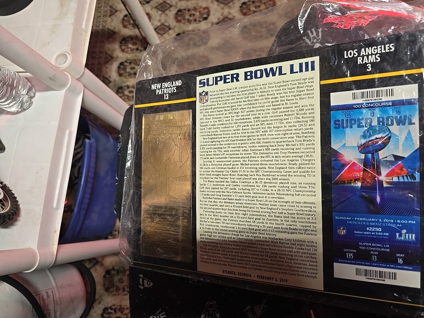 SUPER BOWL 53 Patriots vs Rams 22KT Gold Ticket by Willabee & Ward