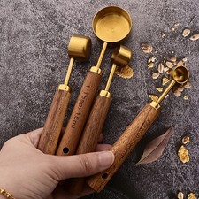 New Measuring Spoon Set Wooden Handle Stainless Steel Measuring Cups Spoons