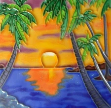 Sunset hand painted ceramic art tile coaster 4 x 4 inches with back
