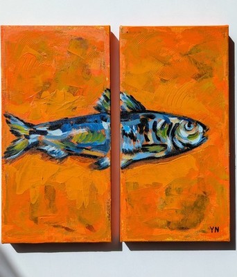 ORIGINAL Modern Sardines Kitchen Acrylic diptych painting fish in Textured Art