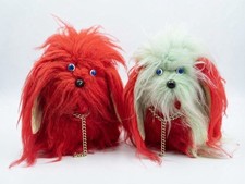2 Vintage Mid-Century Shaggy Kitsch Dog Plush Toy Japan Retro 1960s Glamour toy
