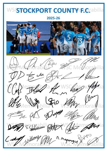 12260. 2025-26 Stockport County Signed Team Photo Sheet (PRINTED AUTOGRAPH - A4)