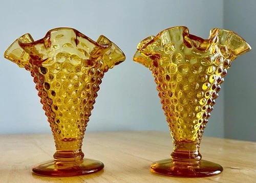 2 Vintage Fenton Amber Glass Hobnail Ruffled Edge Small Bud Vase 3.75 inches