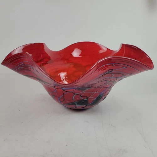 Hand Blown Art Glass Vase Handkerchief Bowl Red Centerpiece Murano 24" Viz