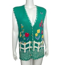 Vintage Koret Francisca Knit Sweater Vest Womens Size L Floral Theme Button Up