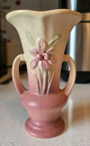 Hull Pottery Iris Pink Yellow 402-4.75 Vase  Double Handle