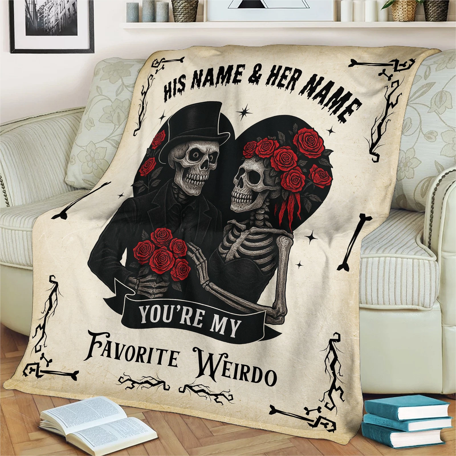 Personalized Gothic Skeleton Couple Halloween Fleece Blanket