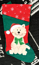 Vtg Red Green LG KITTY CAT Applique Felt XMAS STOCKING 16" Glitter Tinsel Snow A