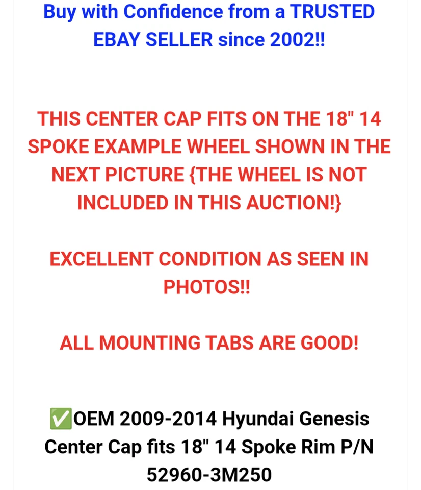 ✅Tapa central OEM 2009-2014 Hyundai Genesis se adapta a llanta de 18" 14 radios P/N 52960-3M250 Foto 3 de 4