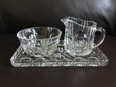 Vintage Retro Kristallglas Milch und Zucker Ensemble mit Tablet 3-Tlg.