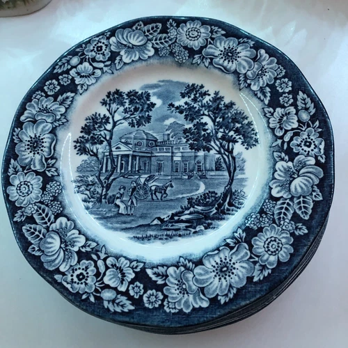 SET OF 4 6” VINTAGE LIBERTY BLUE STAFFORDSHIRE MONTICELLO SAUCER BREAD PLATES