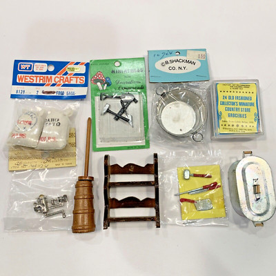 Vintage Dollhouse Miniature Kitchen Store Churn Knife Set Flour Canned Goods etc