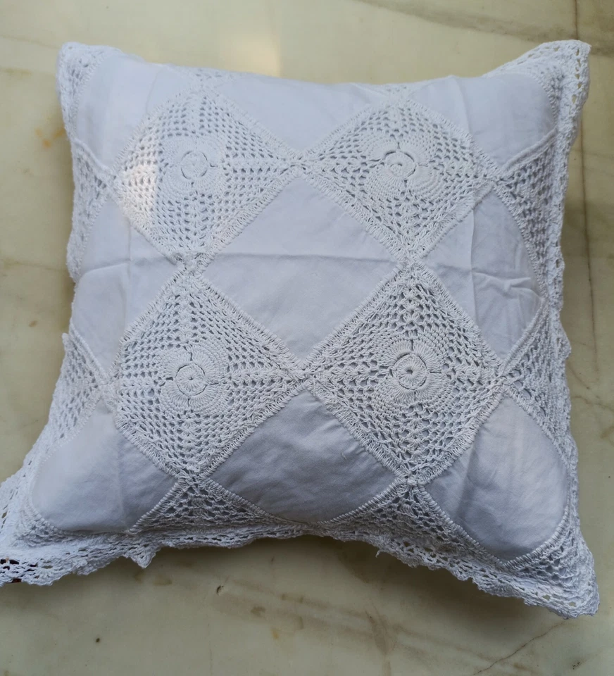 2 Linen Lace Cushion Cover in white color in  size 16 inch x 16 inch handmade - Image 3 of 4