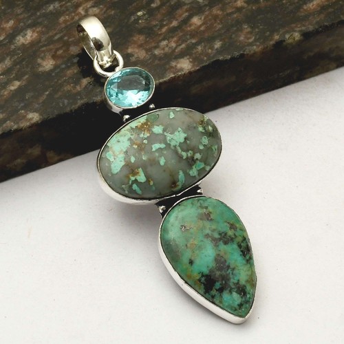 Azurite Blue Topaz Gemstone Handmade Pendant Jewelry For Women 2.8" AP-34148