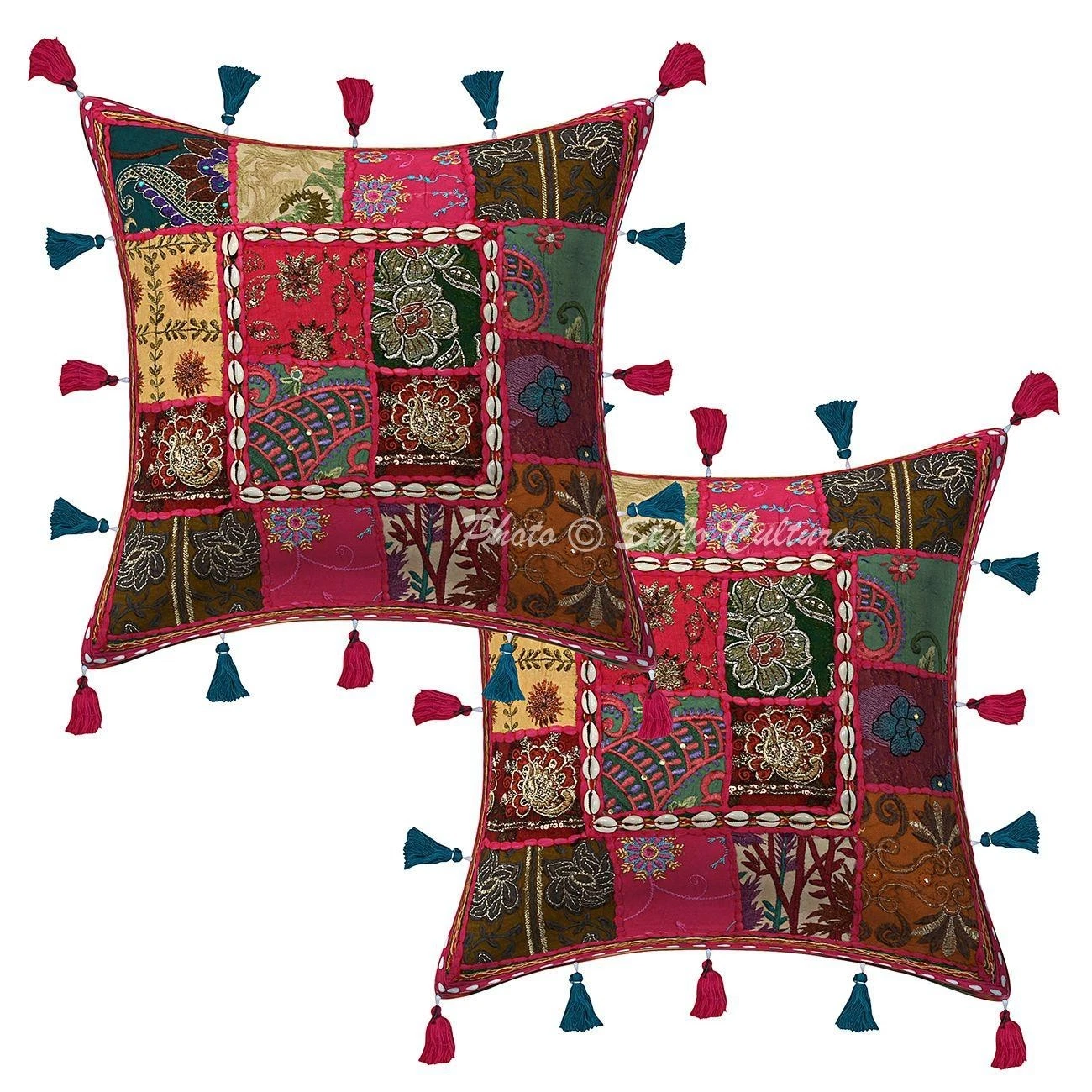 Indian Cotton Throw Pillow Covers Patchwork Cowry Tassels Pink Floral Home Decor