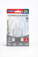 60W Clear Chandelier Light Bulbs Flame Tip, 2-Pack, 750 Lumens, 120V