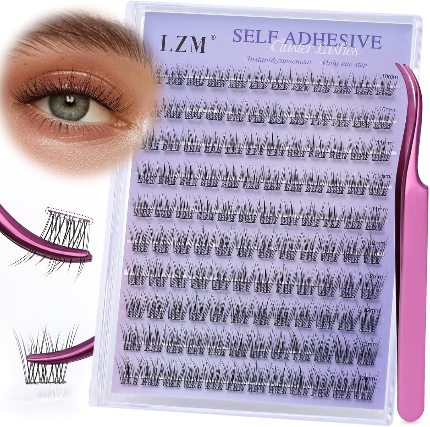 LZM Pre Glued Eyelashes C Curl 120Pcs Cluster Lashes with Tweezers 10-13Mm Self