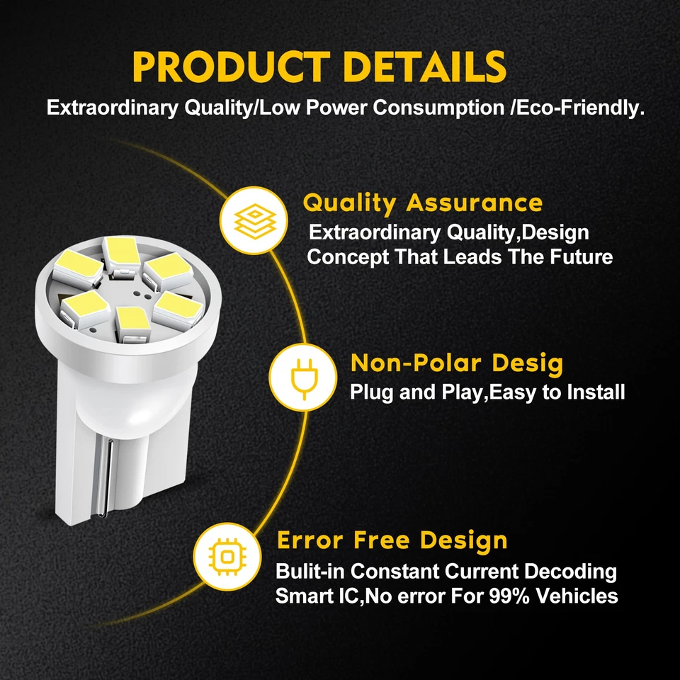 10x T10 194 White 6SMD LED w/ sockets For Instrument Panel Dash Light Lamp Bulb - Изображение 3 из 4