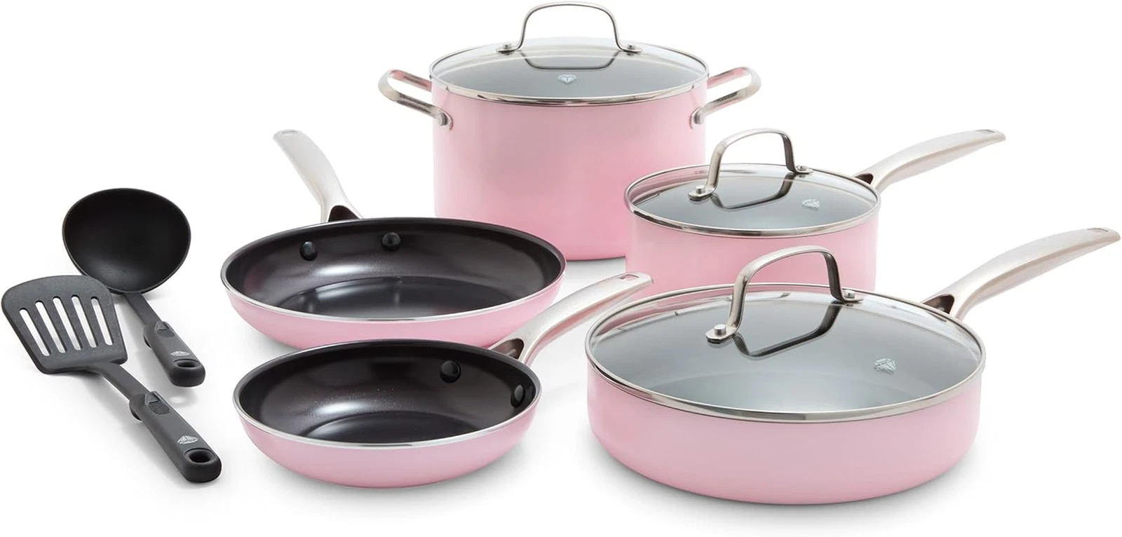10-Piece Pink Nonstick Diamond Ceramic Cookware Set, Oven Safe & Dishwasher Safe