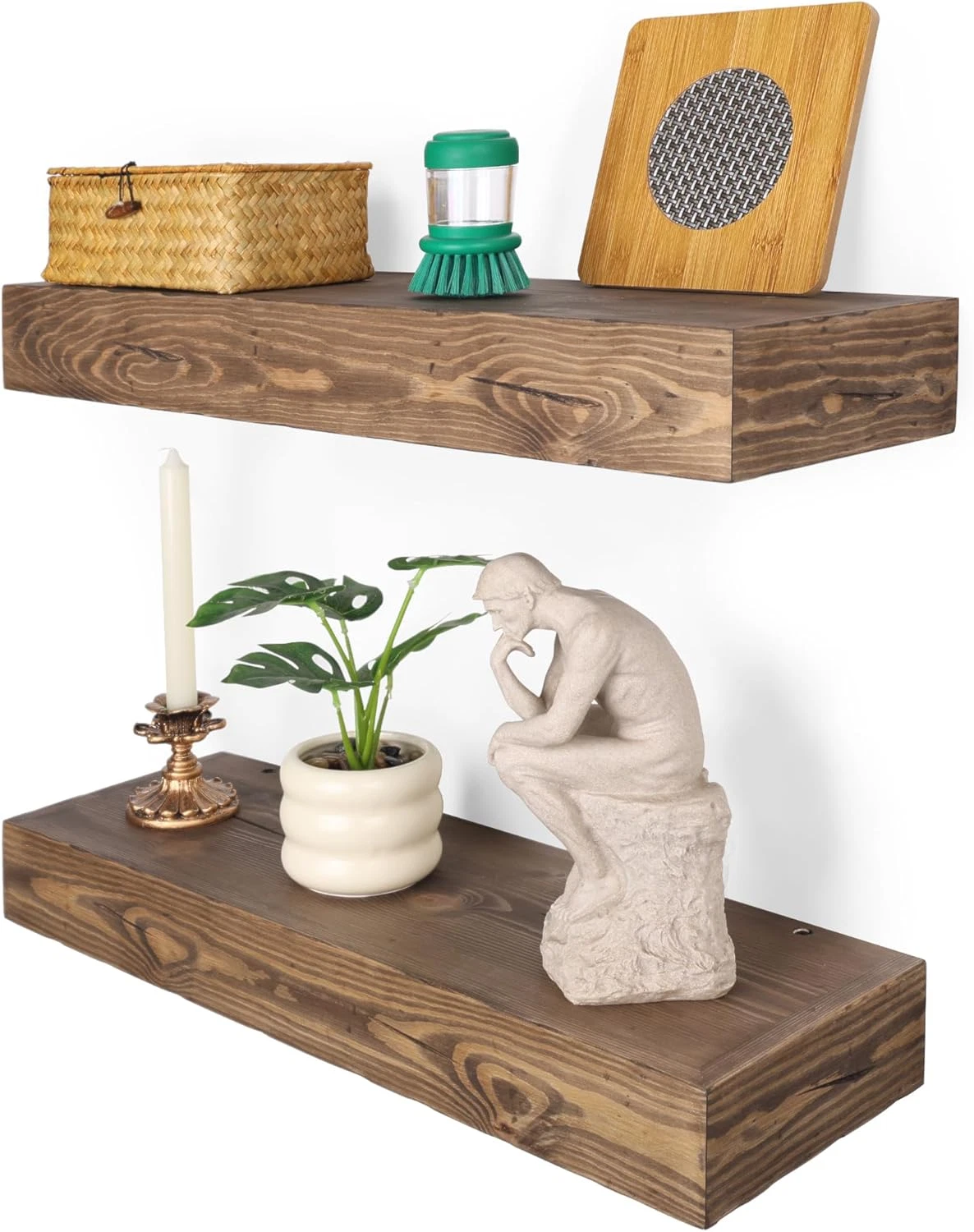 Set of 2 Thick Floating Shelves - Distressed Black Walnut Pine Wood 8"x24