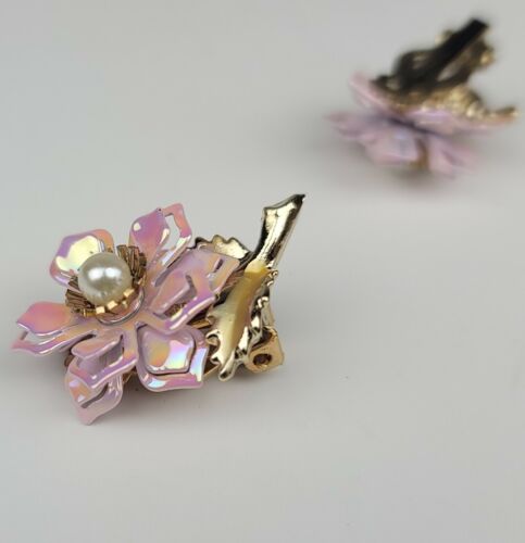 Vintage Coro Enamel Flower Brooch Pin And Matching Clip On Earings w/ Pearlf - Picture 14 of 24
