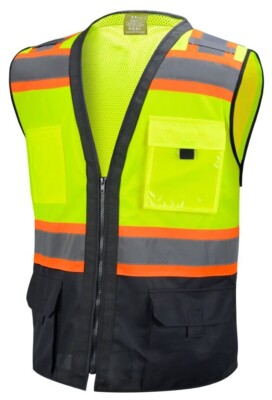 #ad Surveyor Black Yellow Two Tones Safety Vest ANSI ISEA Photo ID Pocket 802 $14.99