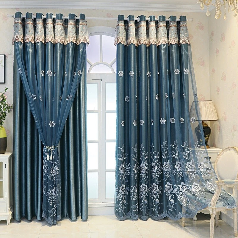 1 Panel Double Layer Blackout Curtain Floral Embroidered Window Tulle Drape Home - Image 4 of 4