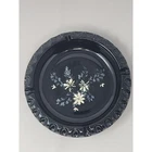 Vintage Fenton Art Glass Black Ebony Ashtray Hand Painted White Flowers