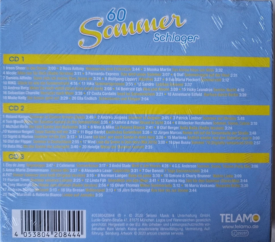 60 Sommer Schlager auf 3 Cd's, Kaiser, Berg, Egli, Flippers, Kelly, NEU/OVP - Bild 2 von 2