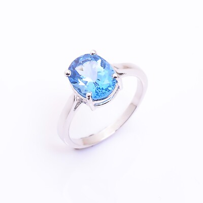 Natural Blue Topaz Oval Gemstone 925 Sterling Silver Women Handmade Simple Ring