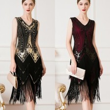 Women Midi Sleeveless Dress V-neck Sequin Beaded Layered Tassel Dancing Slim