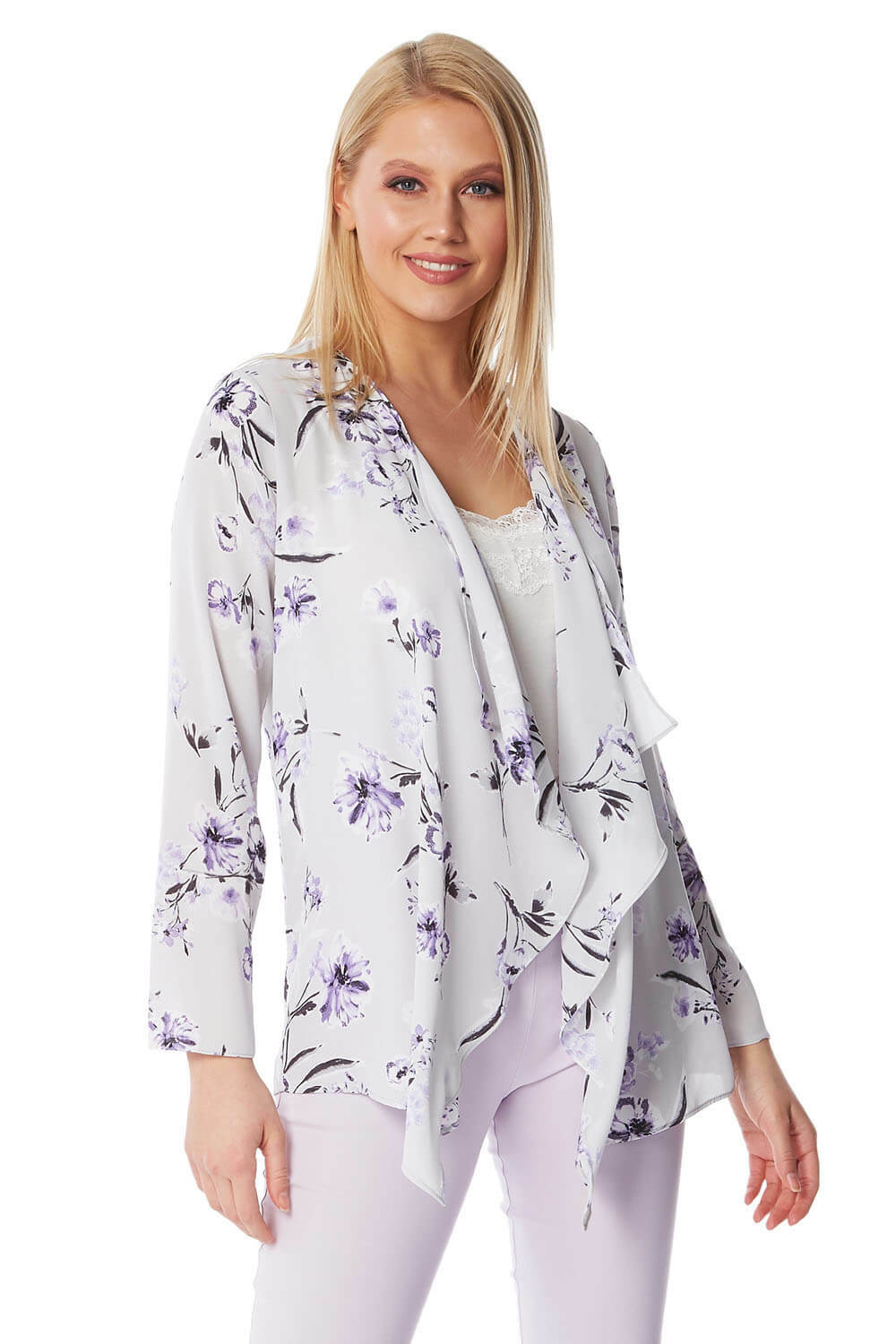 Roman Floral Print Waterfall Kimono in Light Grey