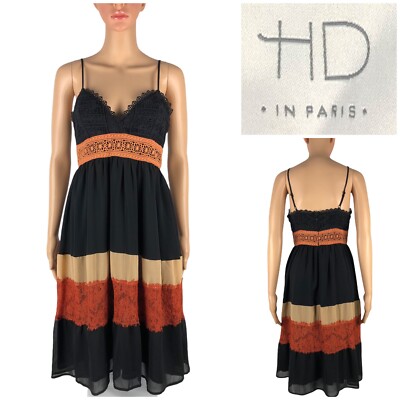 HD in Paris Womens Small Dress Lace Embroidered Fall Black Brown Orange  Sundress | eBay