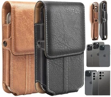 Double Layer Cell Phone Belt Pouch Leisure Vertical Leather with Belt Clip Loop