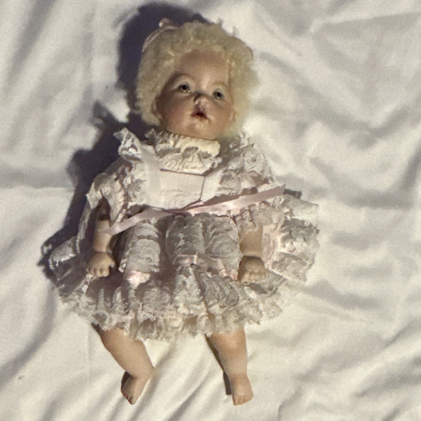 Porcelain Baby Doll 11 inch Blonde Curly Hair Pink Lace Dress Removable Clothes