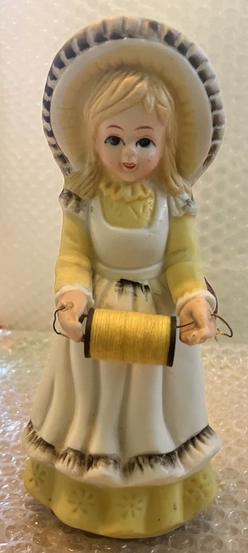 Vintage Ceramic Girl Figurine With Spool Of Thread, Pin Cushion Hat And Scissor 