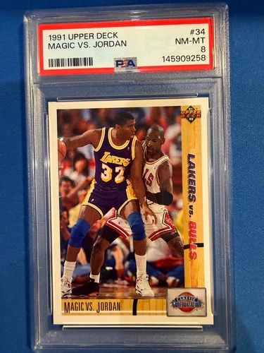 1991 UPPER DECK CARD# 34 MICHAEL JORDAN VS MAGIC PSA 8 NM/MT