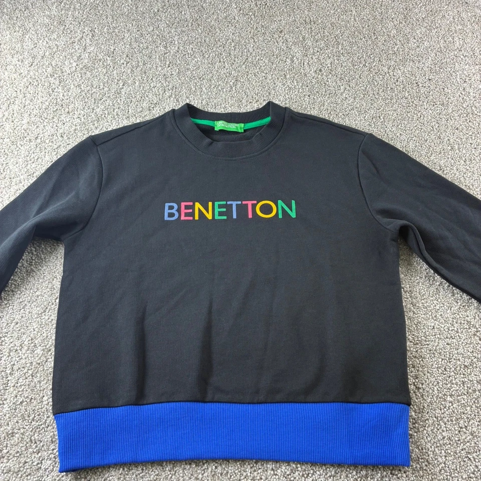 United Colors of Benetton Sweatshirt XS Colorful Logo Crew Neck Black Cotton Top - Image 2 of 4