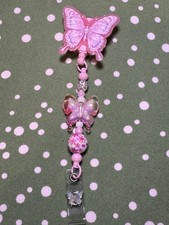 Pink Butterfly - Beaded ID Badge Reel Holder Retractable