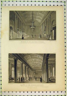 Alter antiker Druck 1829 Innenraum Festsaal Rathaus Austausch Nachrichten Winkles 19.