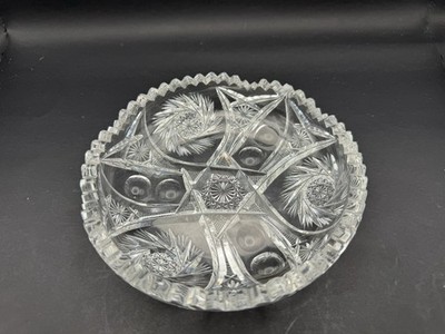 American Brilliant Style Cut Glass Bowl 6  Hobstar Sawtooth Rim