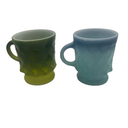 VTG Anchor Hocking Fire King Kimberly Diamond Cup Mug Green, Blue 8 Oz Set Of 2