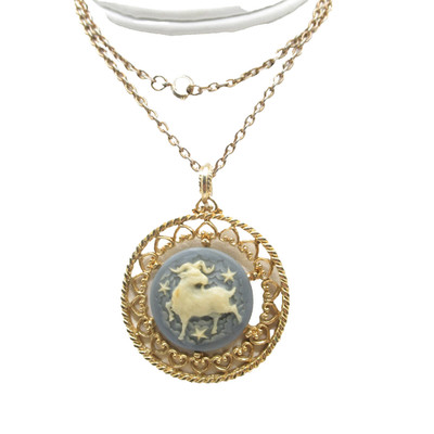 Horoscope January Capricorn Goat Blue and White Design Vintage Pendant Necklace