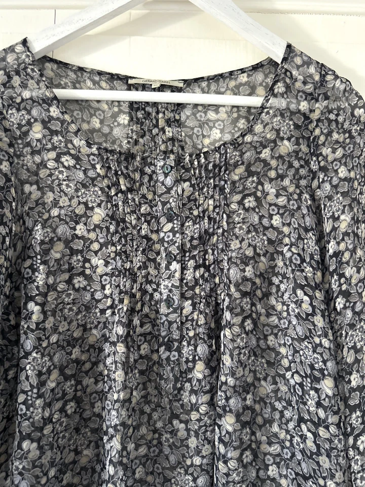 Gerard Darel 100% Silk Floral Blouse Sheer Vintage French Size 38 - Photo 4/4