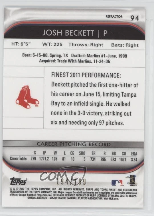 2012 Topps Finest Green Refractor /199 Josh Beckett #94 - Image 2 of 2