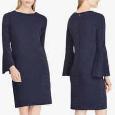 NWT Lauren Ralph Lauren Blue Metallic Bell Sleeve Sheath Dress Size 14