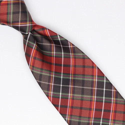 John G Hardy Mens Silk Necktie Red Gray Green Tartan Plaid Check Weave Woven Tie