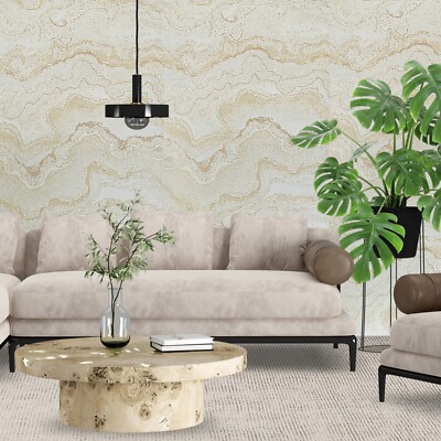 Beige off white gold metallic Faux mineral marble topaz stone Textured wallpaper