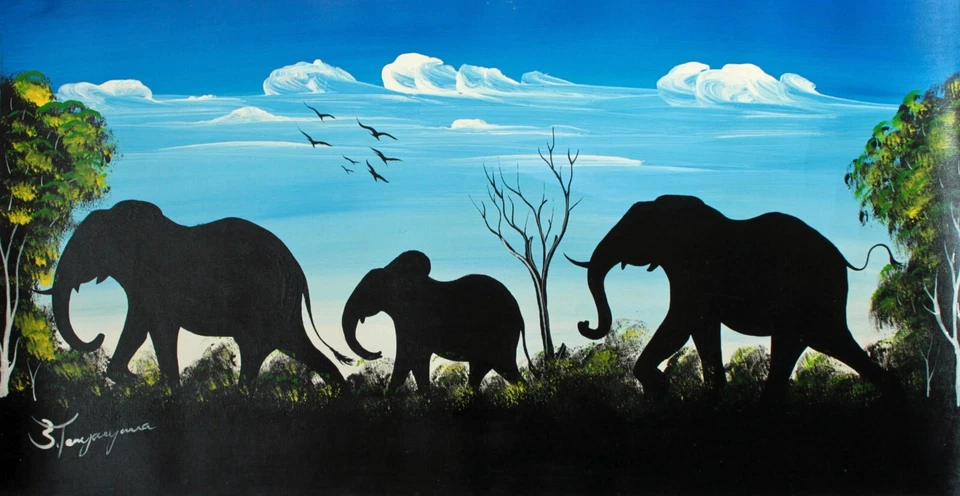 Elefantenfamilie handgemaltes Bild Leinwand 31 x 60 cm Unikat aus Südafrika #23 - Bild 1 von 1