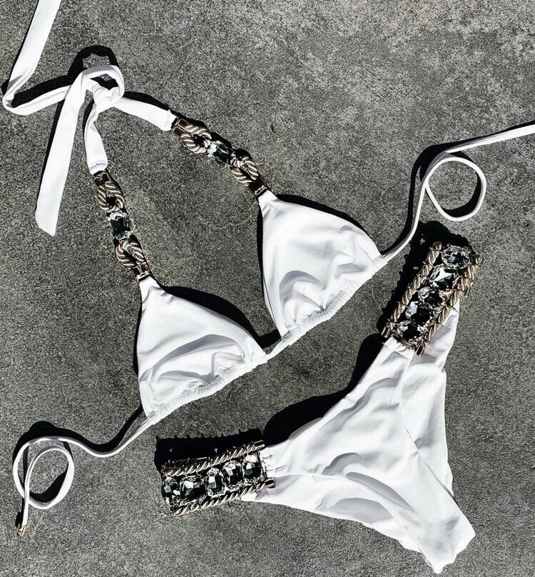 NEW 2PC SET BEACH BUNNY HAILEY SMALL BLING CRYSTAL RHINESTONE WHITE BIKINI - Image 4 of 4